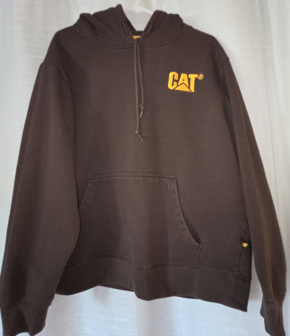CAT Caterpillar Men’s Hoodie Brown Yellow Embroidered Logo Sweatshirt XL